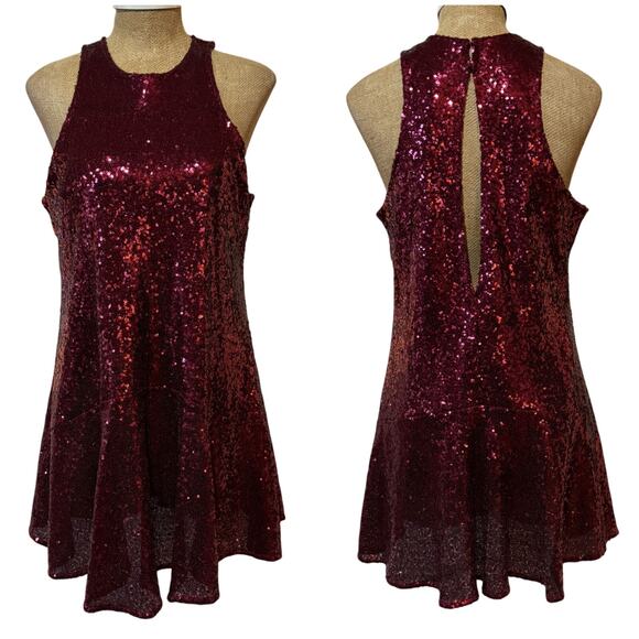 Free People High Neck Ruby Red Sequin Dress Burgundy Sleeveless Swing Mini Small - Picture 2 of 12